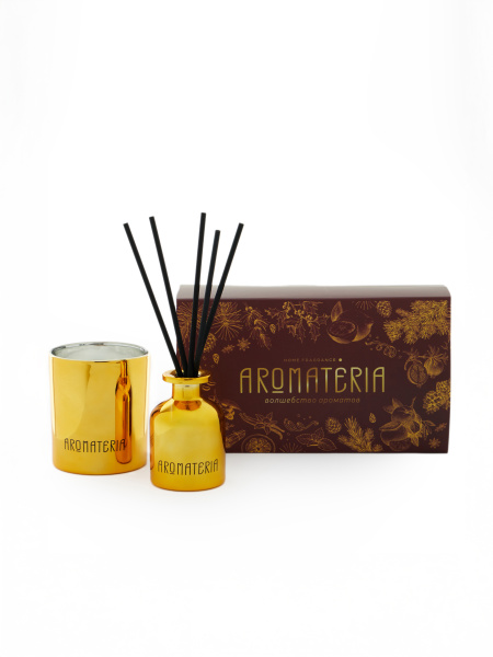 Набор ароматический диффузор с палочками и свеча премиум GOLD "Winter Pine"